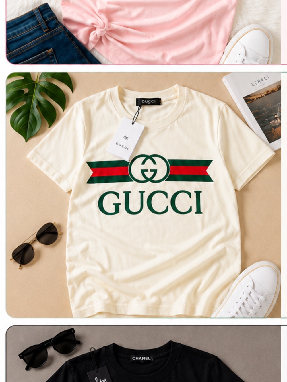 Gucci Kids Cream Tee with Green & Red Logo